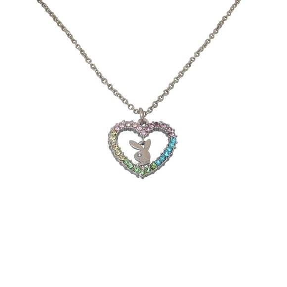 Playboy Necklace Crystal Rainbow Heart Bunny Charm - Picture 13 of 15